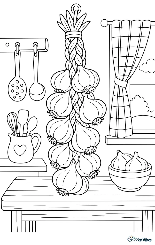 A braid of hardneck garlic hangs in a cozy kitchen, with papery skins, a wooden table below, hanging utensils, and a checked curtain at the window.