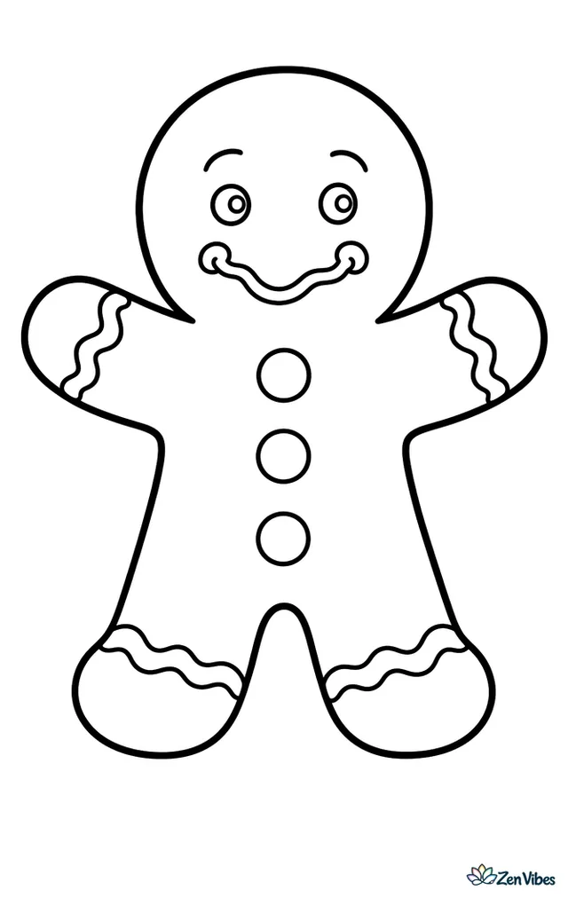 A gingerbread person standing with arms out, three round buttons down the front, a curly icing smile, and wavy trim at the hands and feet