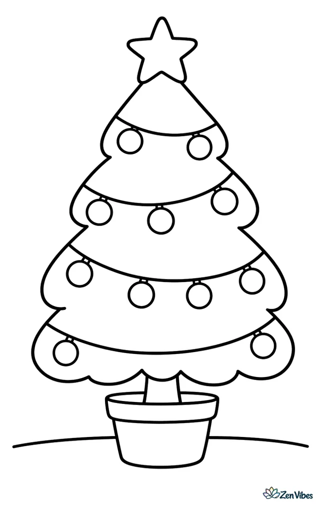 A small rounded Christmas tree with a star on top, a string of big round lights looping across it, and a plain pot at the base