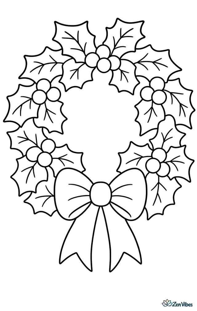 A round wreath of thick holly leaves and round berries with a wide ribbon bow tied at the bottom and two long tails hanging down