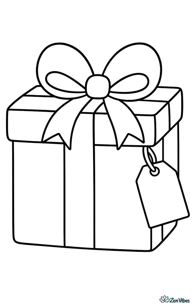 A square wrapped present with a wide ribbon crossing the top, a big loopy bow, and a plain gift tag hanging from one corner