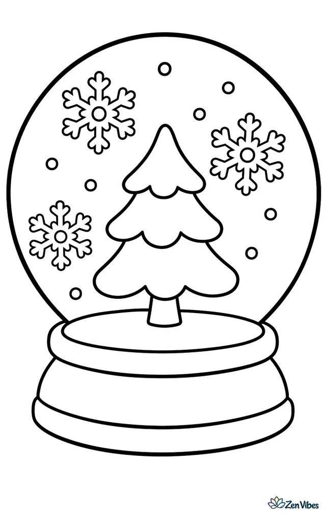 A rounded snow globe on a simple base with one small tree standing inside it and a few big snowflakes floating around the tree