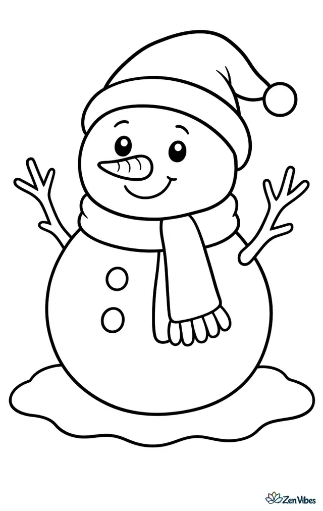A round snowman in a soft pointed hat and a long scarf, with a carrot nose and two stick arms, standing on a plain patch of snow