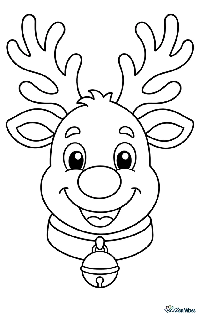 A reindeer face with big branching antlers, a round nose, floppy ears, and a wide collar with one round bell hanging below the chin