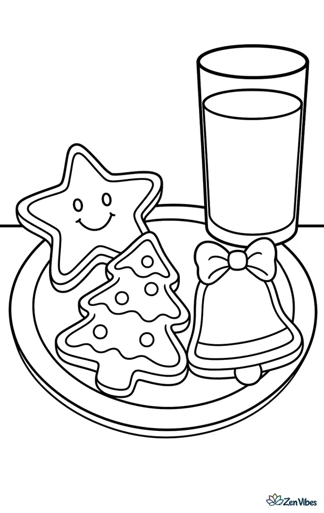 A plate holding three iced cookies shaped like a star, a tree, and a bell, beside a tall glass of milk on a plain table edge