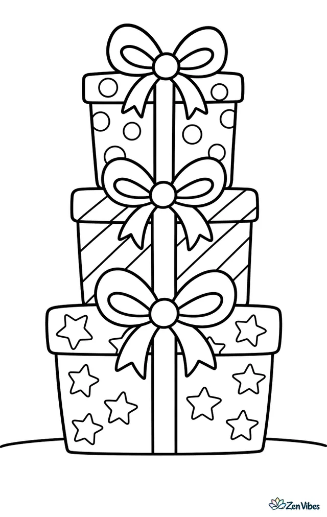Three wrapped presents stacked biggest to smallest, each with its own simple pattern and its own ribbon tied in a bow on top