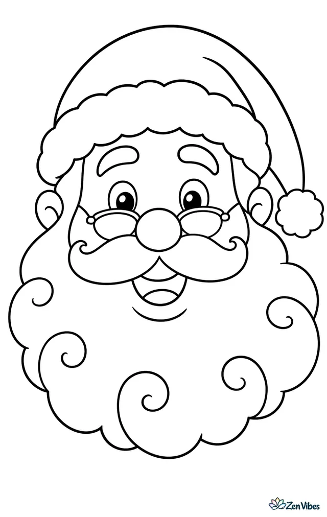 A round Santa face with a wide curly beard, round cheeks, half-moon glasses, and a soft hat with a fluffy pompom falling to one side