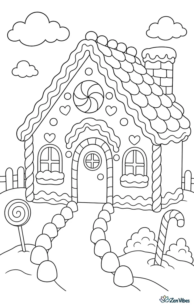 A gingerbread house with candy tiles on the roof, icing piped along every edge, a gumdrop path to the door, and snow piled on the windowsills