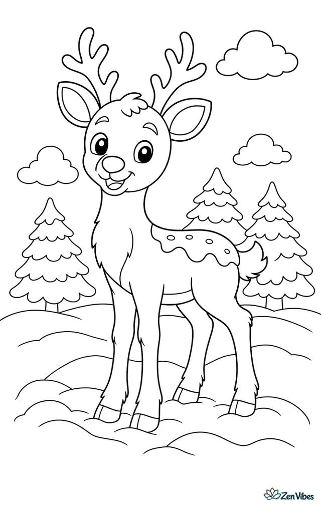 A young reindeer standing in a clearing with snow across its back, three small pines behind it, and soft drifts gathered around its hooves