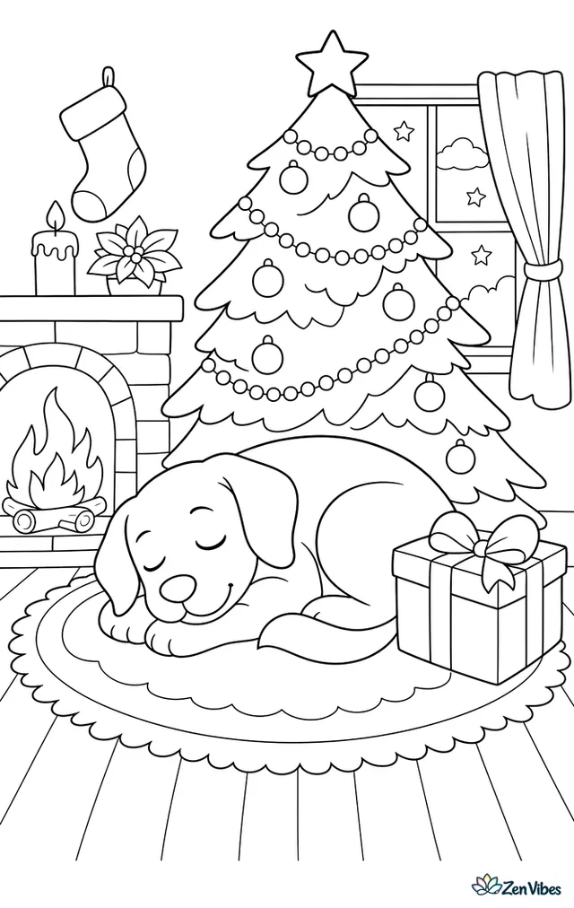 A dog curled up asleep on a rug beneath a decorated tree, with one wrapped present pushed against its side and a low fire burning nearby