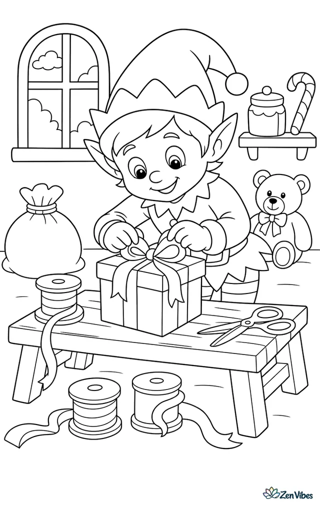 A small elf in a pointed hat leaning over a low workbench to tie a bow on a present, with ribbon spools and scissors spread around the bench