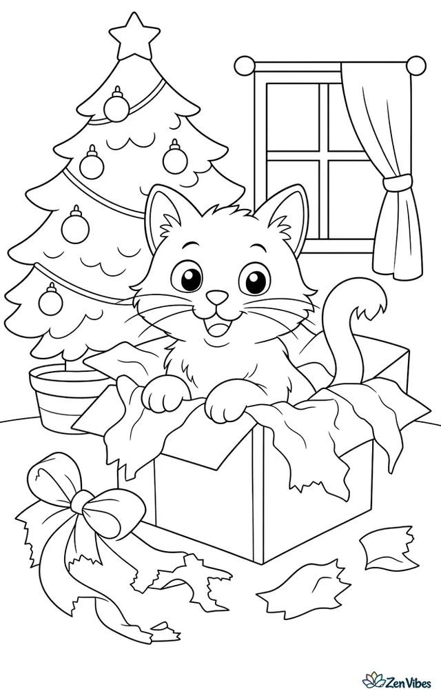 A cat sitting inside an open gift box with tissue paper spilling over the sides, a chewed ribbon beside it, and the tree standing behind