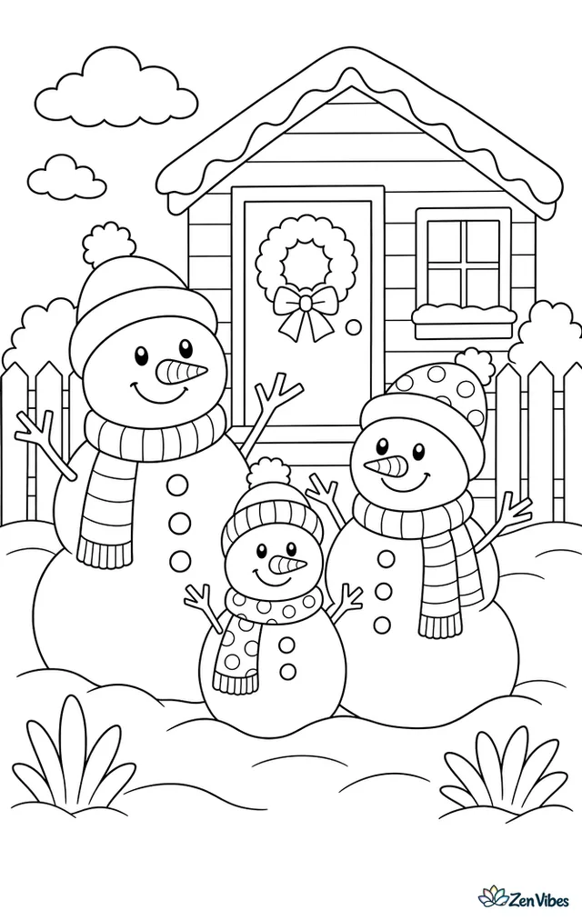 Three snowmen of different sizes in a front yard, each in a scarf and hat, with a picket fence behind them and a wreath on the house door