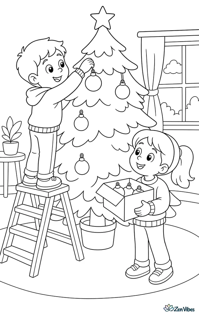 A child on a small stepladder hanging a round ornament near the top of a tree while another child holds the open box of ornaments below