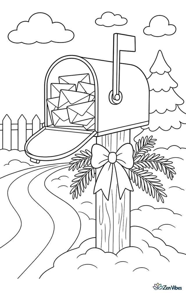 A curved mailbox at the end of a snowy drive stuffed with letters and its flag up, with a pine bough and a bow tied to the wooden post