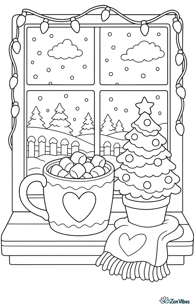 A mug of cocoa topped with marshmallows on a windowsill beside a small decorated tree, with snow falling outside and lights along the frame