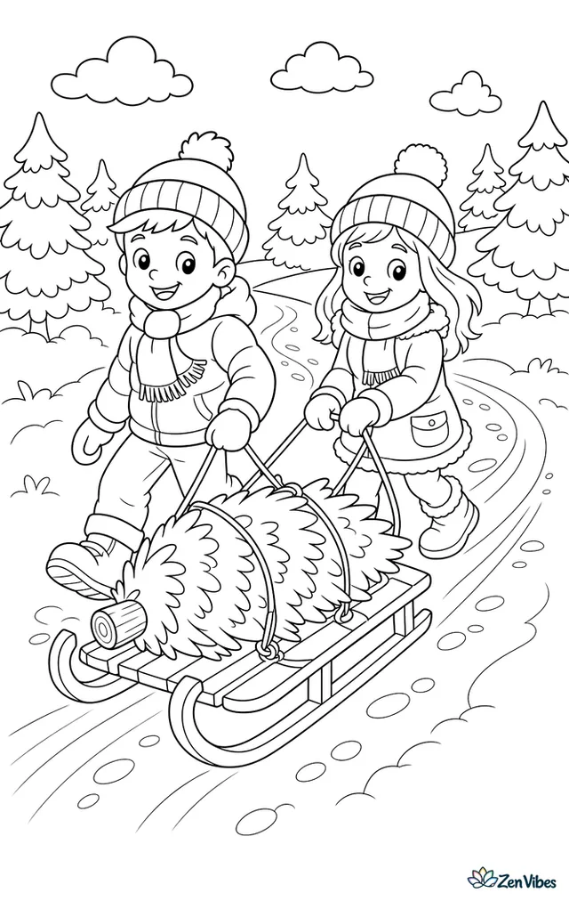 Two bundled children pulling a sled with a freshly cut tree tied onto it along a snowy path, with pines on both sides and tracks behind them