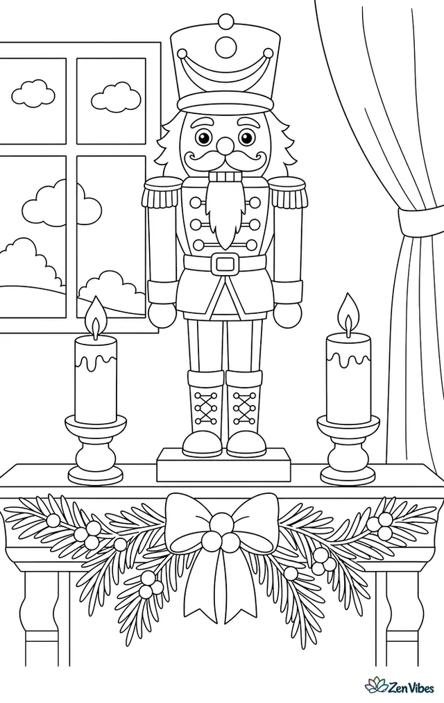 A tall nutcracker soldier standing on a mantel between two candles, with a garland of pine and berries draped along the shelf underneath him