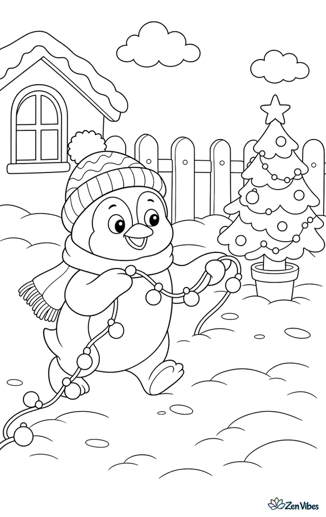 A penguin in a knitted hat dragging a long string of round lights across the snow toward a small decorated tree waiting a few steps ahead