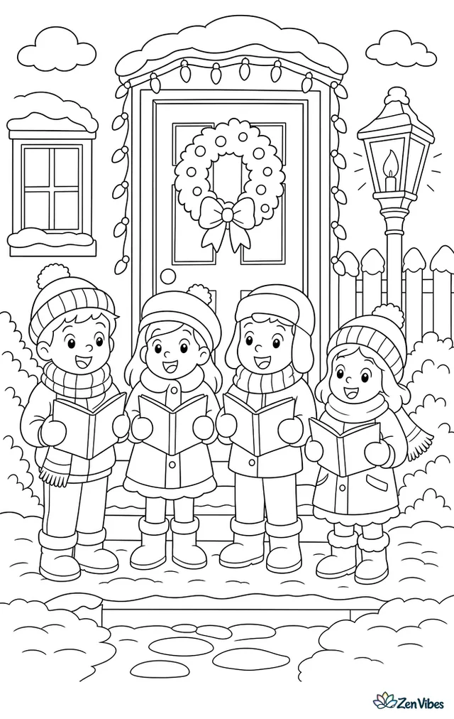 Four bundled singers holding songbooks at a lit doorway, with a wreath on the door, fresh snow on the step, and a lamppost glowing behind them