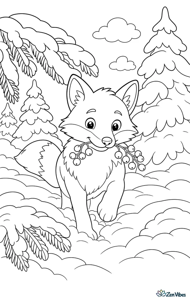 A fox stepping through deep snow between tall pines with a string of berries in its mouth and low branches bending under the weight of snow