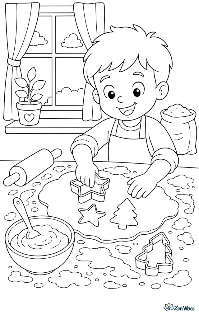 A kitchen table with rolled dough, star and tree cutters, a bowl of icing, and a child pressing a cutter into the dough with flour everywhere