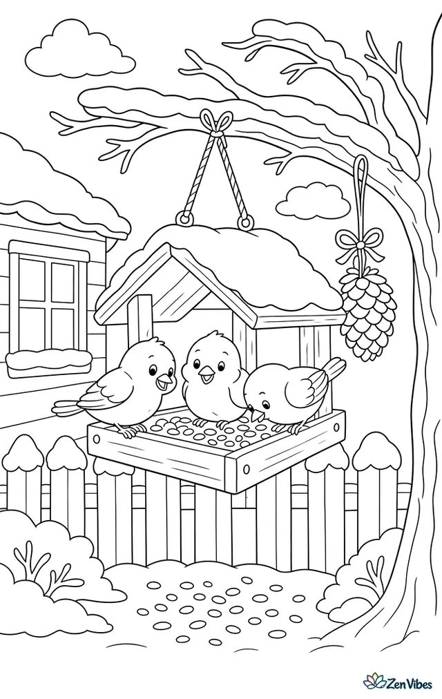 Three small birds at a wooden feeder hanging from a snowy branch, with seed scattered below, a pine cone tied alongside, and drifts on the fence