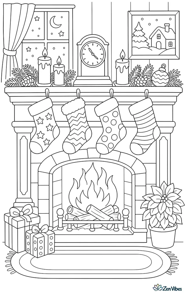 A wide mantel hung with four different stockings above a burning fire, with candles and pine along the shelf and a clock standing in the middle
