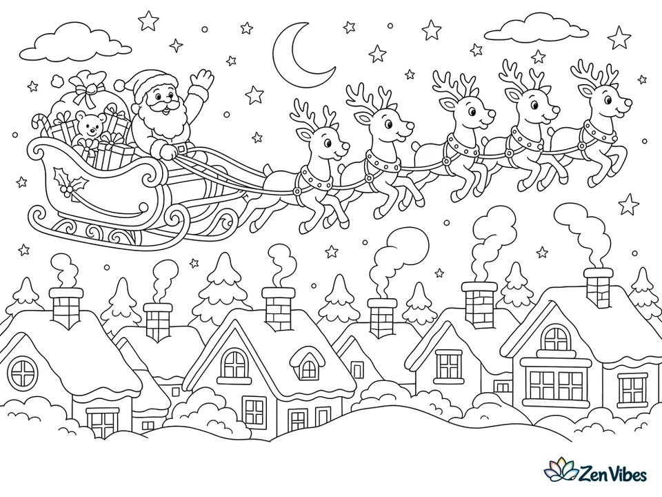 A loaded sleigh pulled by four reindeer crossing above a row of snowy rooftops and chimneys, with stars behind them and smoke curling upward