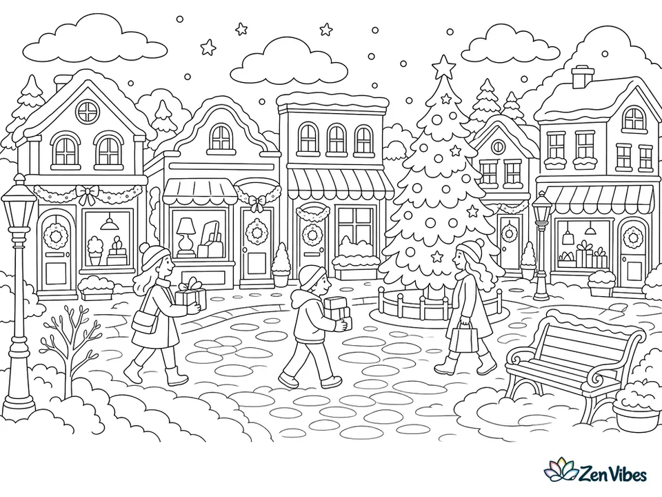 A row of small shops along a snowy street with lit windows, garlands over the doors, a tall tree in the square, and people carrying parcels