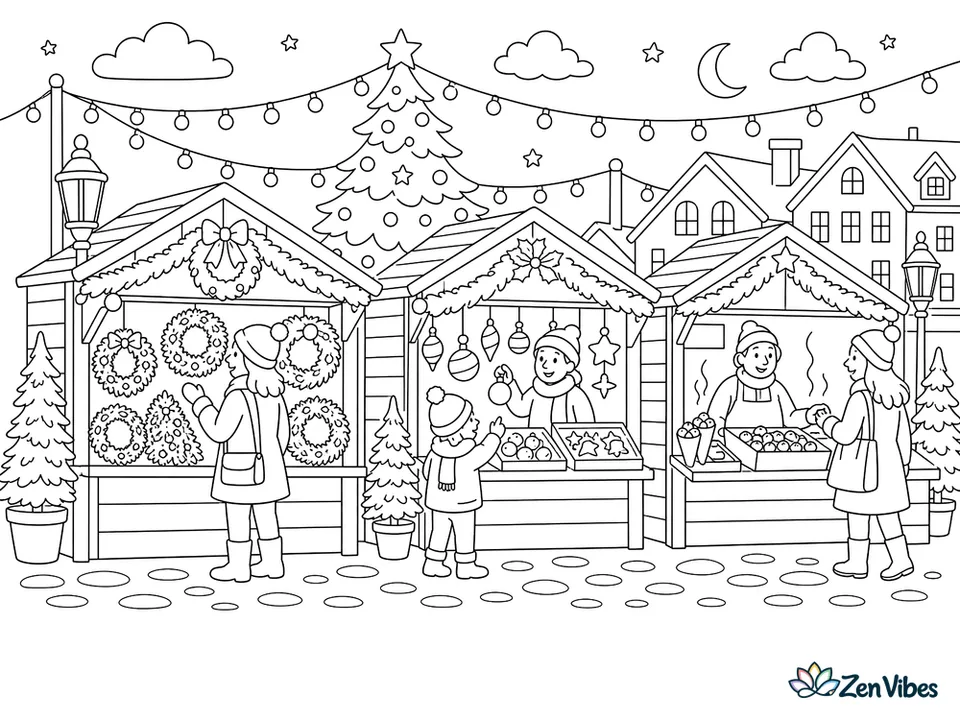 Wooden market stalls under long strings of lights selling wreaths, ornaments, and roasted nuts, with shoppers in scarves and a tall tree behind