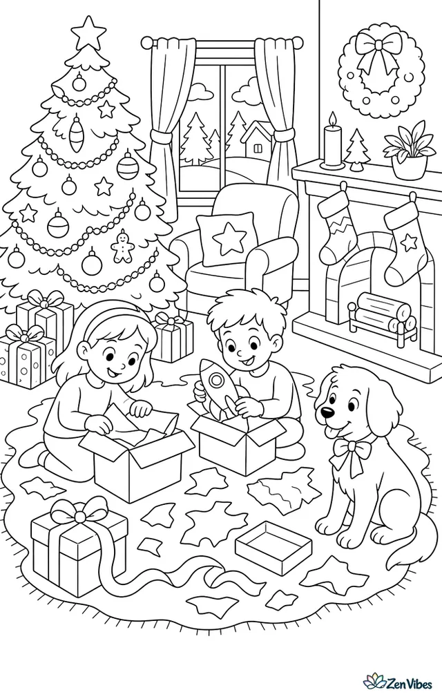 A living room with a decorated tree, torn wrapping paper across the rug, a dog with a ribbon on its collar, and two children opening boxes