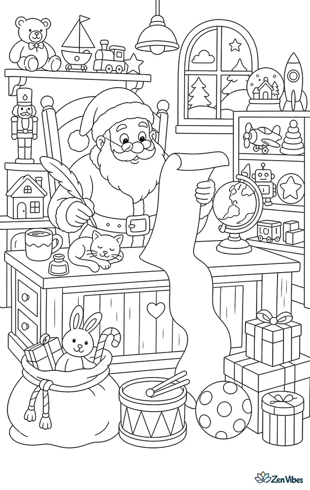 Santa at a wooden desk in a cluttered workshop reading a long unrolled list, with a quill, a globe, stacked toys, and a cat asleep on the chair
