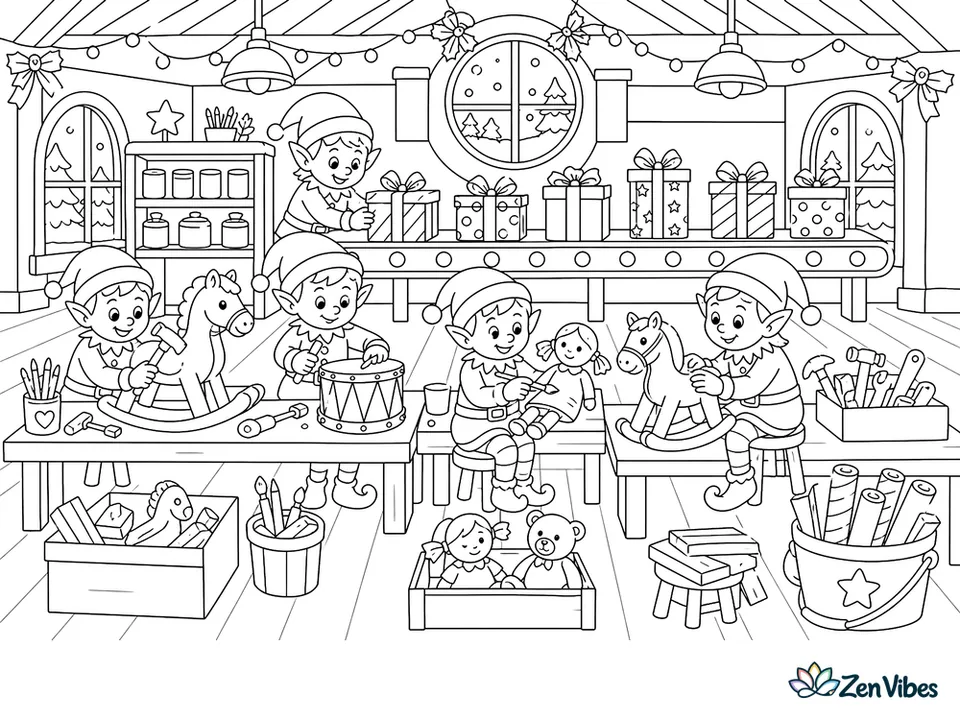 Elves at long benches building rocking horses, drums, and dolls, with shelves of paint pots and a line of wrapped boxes moving along behind them