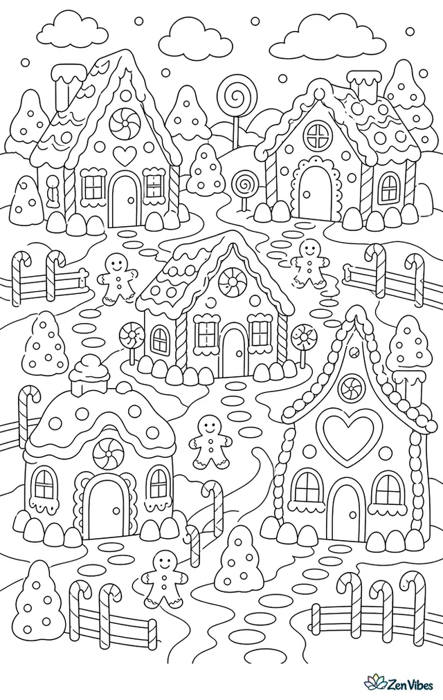 Five gingerbread houses of different shapes on a table of icing snow, with candy fences, gumdrop trees, and small cookie people along the paths