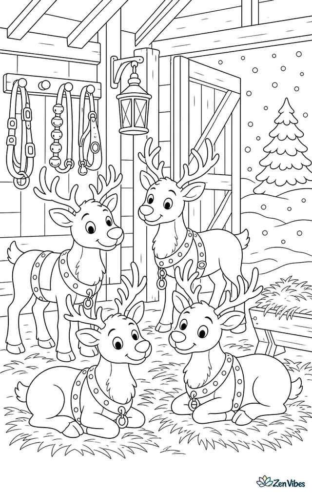 Four reindeer in a wooden barn with harnesses hanging on pegs, hay in the manger, a lantern on a post, and snow drifting past the open door