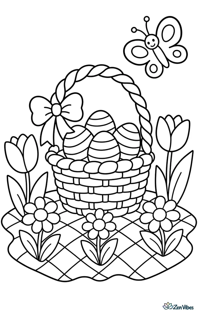 A wicker basket filled with striped Easter eggs sits on a picnic blanket, surrounded by tulips, daisies, and a fluttering butterfly under a bright spring sky.