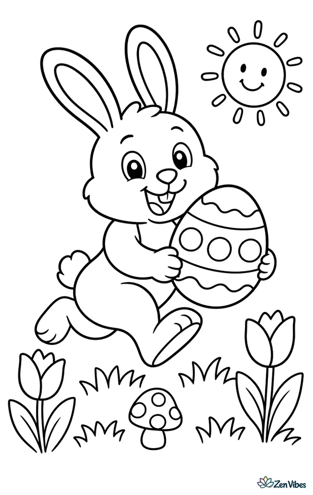 A cottontail rabbit hops through short grass carrying a decorated Easter egg, with simple tulips, a small mushroom, and a smiling sun nearby.