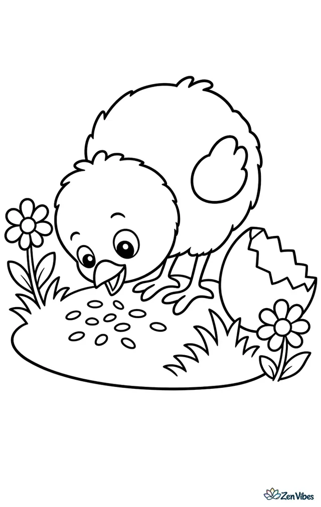 A fluffy yellow chick stands beside a cracked eggshell, pecking at seed on the ground with two daisies and a curved patch of grass around it.