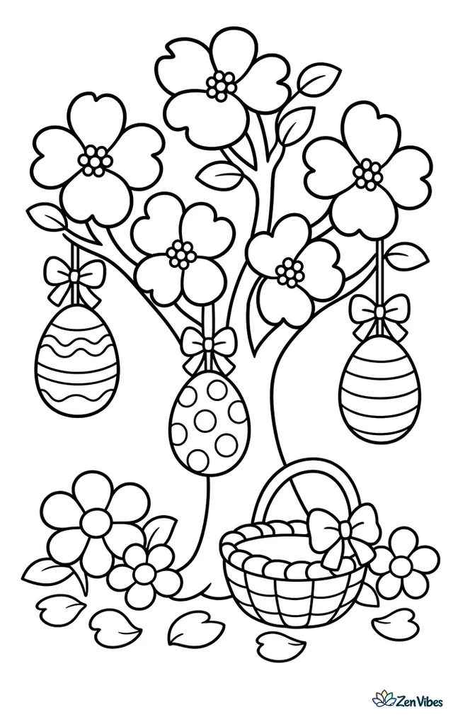 A young dogwood tree has hanging Easter eggs tied with bows, while a small basket rests below among simple flowers and fallen petals.