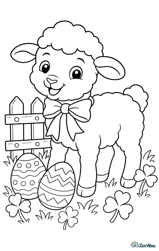A spring lamb wearing a ribbon around its neck stands in a meadow beside decorated Easter eggs, clover, and a wooden fence.