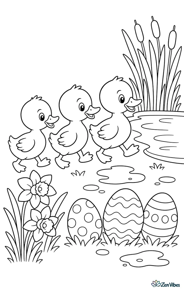 Three ducklings waddle in a line past painted Easter eggs, puddles, and daffodils, heading toward a little pond bordered by reeds.