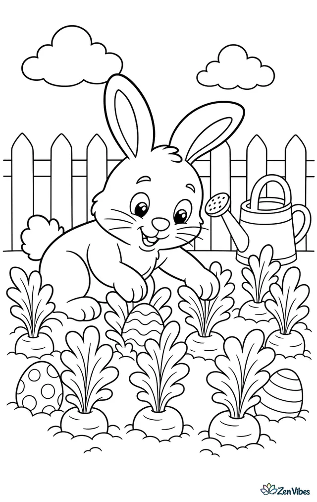 A brown rabbit searches for hidden Easter eggs between carrot tops in a vegetable garden, with a watering can, fence, and clouds overhead.