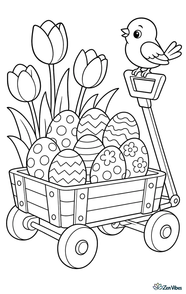 A small wooden wagon overflowing with patterned Easter eggs is parked beside blooming tulips, with a bird perched on the handle.