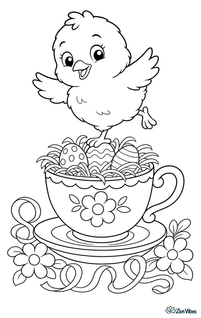 A fluffy chick balances on an oversized teacup filled with Easter grass and tiny eggs, surrounded by saucers, flowers, and curling ribbons.