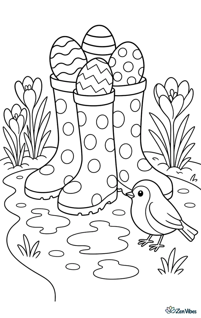 A pair of rain boots filled with decorated Easter eggs stands in a garden path, with puddles, crocuses, and a robin nearby.