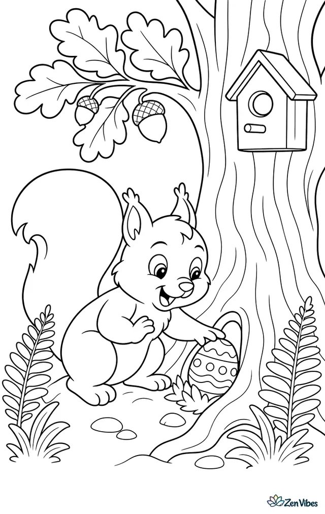 A red squirrel discovers a hidden Easter egg at the base of an oak tree, with acorns, ferns, and a birdhouse in the background.