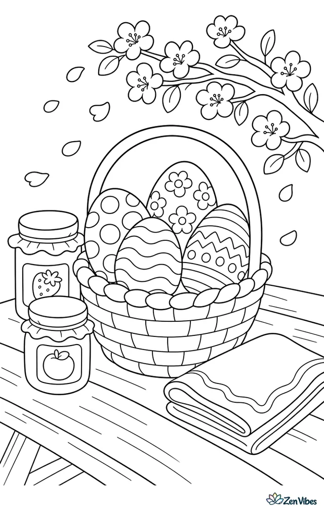 Decorated Easter eggs are arranged on a picnic table beside jam jars, a folded napkin, and blooming branches swaying in the breeze.