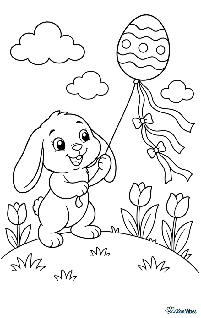 A lop-eared rabbit flies an egg-shaped kite across a grassy hill, with tulips, fluttering ribbons, and puffy clouds drifting above.
