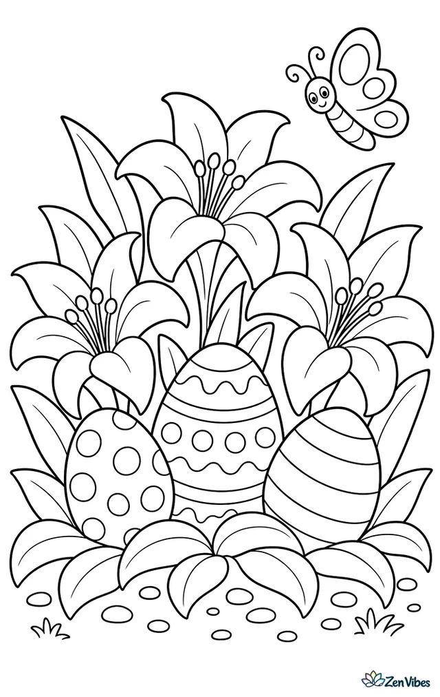 A cluster of Easter eggs rests among blooming lilies and broad leaves, while a butterfly hovers above and pebbles scatter along the soil.
